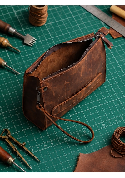 Vintage Leather Craft Hakiki Deri Erkek El Çantası Açık Kahverengi - Taba