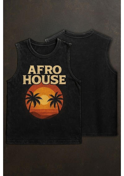 Technomonkey Siyah Erkek Pamuklu Vintage Sporcu Atleti Oversize Yıkamalı Afro House Baskılı Kolsuz T-shirt
