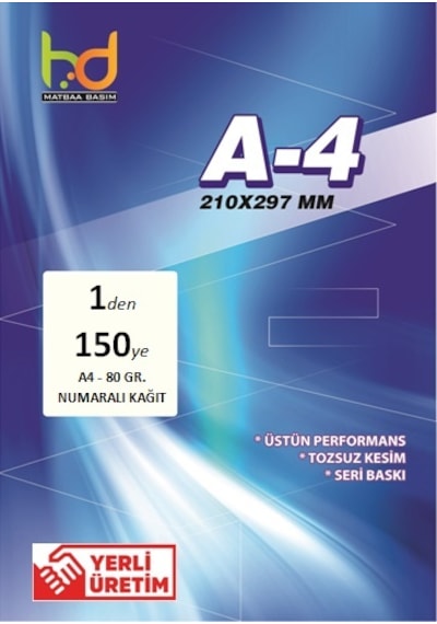 Numaralı A4 Kağıt Dikey 1'den 150'e (150 Sayfa)