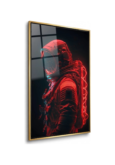 Kırmızı Neon Işıklı Astronot Gold Çerçeveli Cam Tablo