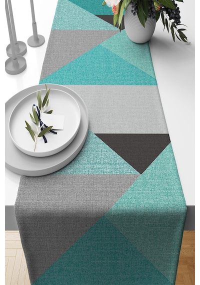 Turkuaz Geometrik Desenli Premium Masa Örtüsü Runner Rnr608
