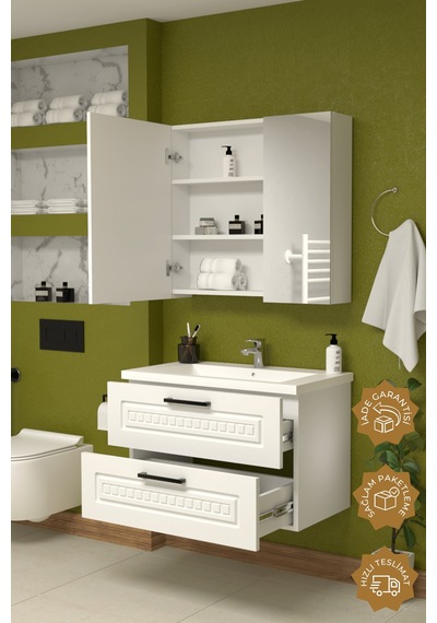 Teta Home Floransa 80 Cm Mdf Gövde Membran Kapak Banyo Dolabı Seti Beyaz
