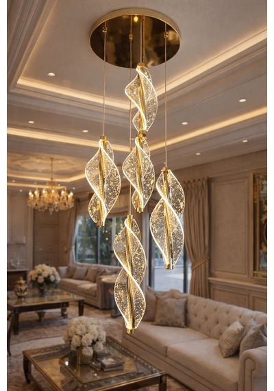Modern Lüks Salon Model Ledlı 5 Li Gol Sarkıt Avıze Altın - Gold
