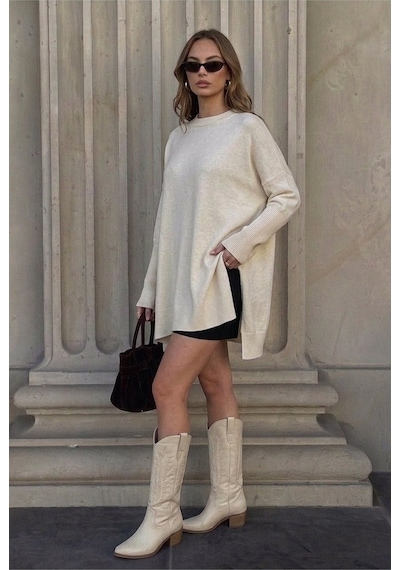 Onno Style Women Düz Triko Standart Panço Ekru