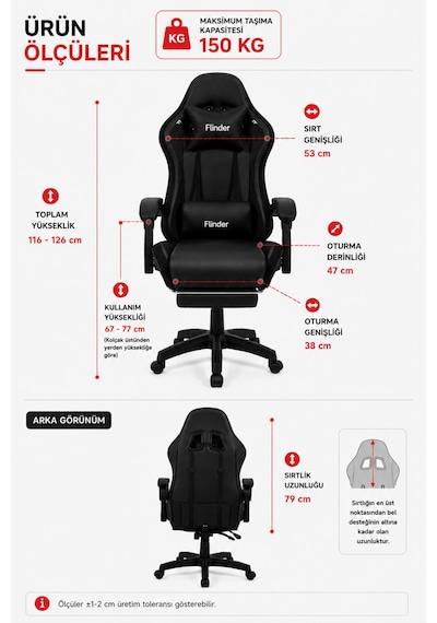 Premium Siyah Oyuncu Koltuğu, Ledli Sandalye, Işıklı, Yüksekliği Ayarlanabilir, Oyuncu Sandalyesi, Ofis Koltuğu, Çalışma Sandalyesi - 150 Kg Taşıma Kapasitesi