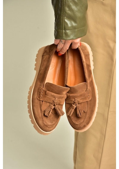 Fox Shoes Z944014461 Taba Süet Kalın Tabanlı Püsküllü Loafer Ayakkabı