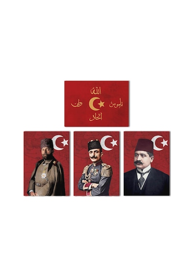 İttihat Terakki Sancağı Kanvas Tablo Seti 4'lü 40x55cm Enver Paşa Talat Paşa Cemal Paşa İttihat Bayrağı