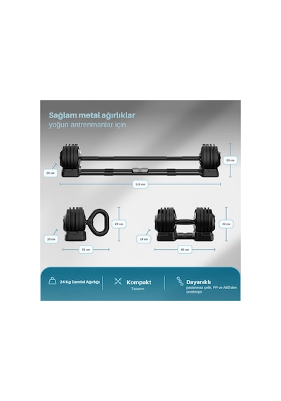 Ayarlanabilir 3 İn 1 Dumbbell Ağırlık Seti Dambıl Halter Kettlebell Kompakt Set 24 Kg