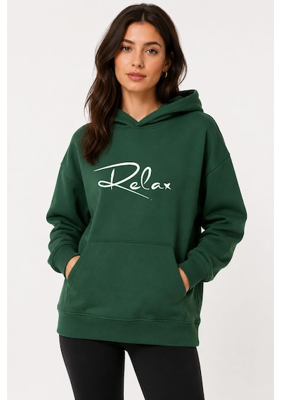 Herkesemoda Relax Baskılı Kapüşonlu 2 İplik Şardonlu Sweatshirt Yeşil