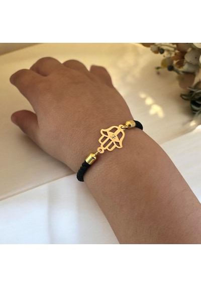 E Harfine Özel 14 Ayar Altın Plakalı Siyah İpek Örgülü Hamsa Motifli Hediye Bileklik-509harf E