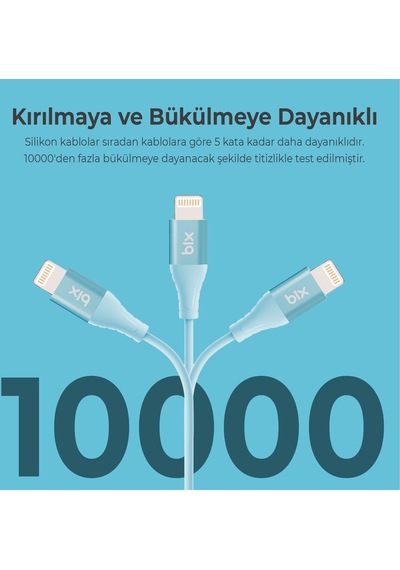 Bix ﻿BXSC1CL 60W Type-C To 1.2 M Lightning Silikon Şarj ve Data Kablosu Mavi