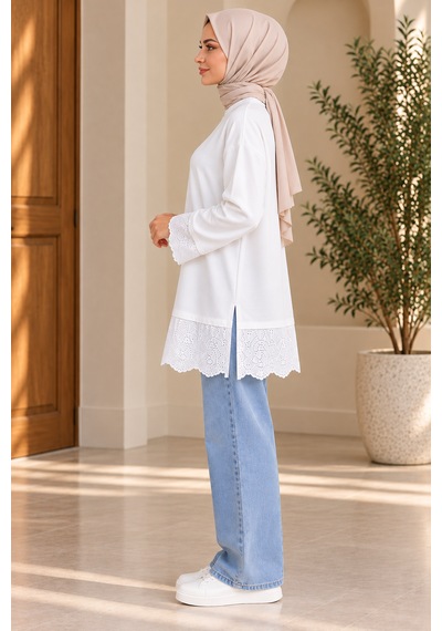 Aymiraa Kadın Dantel Detaylı Uzun Tunik Tesettür Sweatshirt Bisiklet Yaka Rahat Kesim Beyaz