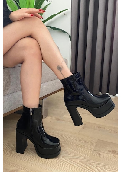 Kadın Sidney Siyah Rugan 12 Cm Platform Topuklu Fermuarlı Bot