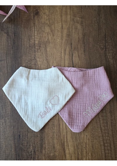 Venedys 2 Li İsme Özel Müslin Bebek Mama Önlüğü Seti Nakışlı Bandana 0-2 Yaş Pudra-krem