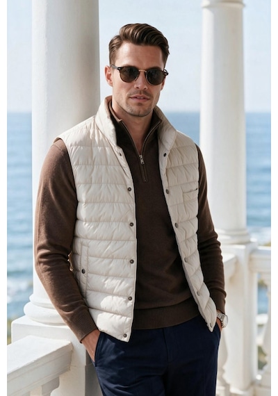 Rizzup Erkek Slim Fit Su Ve Rüzgar Geçirmez Krem Şişme Yelek Dik Yaka Çıtçıtlı 2701708