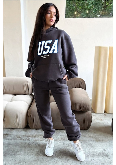 Usa Eşofman Takımı Sweatshirt Jogger - Füme Baskılı Oversize Şardonlu Kapüşonlu Füme