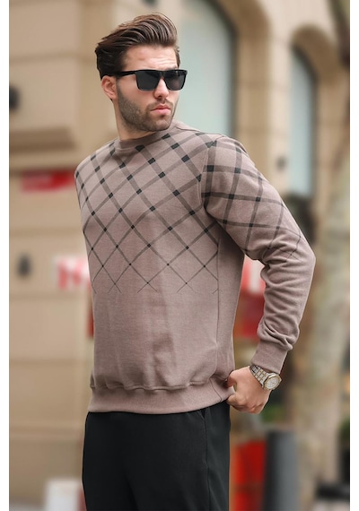 Madmext Camel Desenli Bisiklet Yaka Triko Kazak 6019 Camel