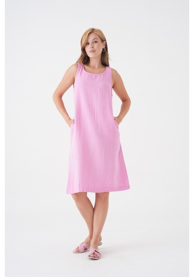 Mg Otantik %100 Pamuk Müslin Kumaş Sıfır Kol Kısa Elbise -mg003 Pembe