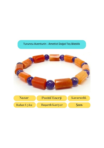 Sertifikalı Turuncu Aventurin Ve Ametist Doğal Taş Bileklik Çok Renkli