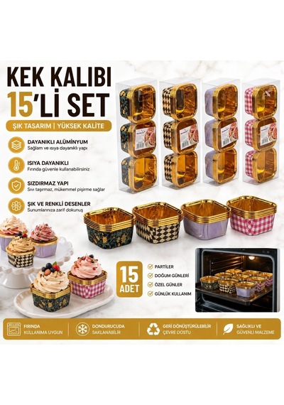 15 Li Kare Kek Kalıbı Seti Renkli Desenli Tek Kullanımlık Pişirme Ve Sunum Kabı, Muffin, Cupcake, Kek Ve Tatlı İçin Fı Resimdeki