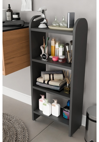 Alpaevmobilya Modern 4 Raflı Oval Kesim Banyo Düzenleyici Raf Metal Ayaklı Çok Amaçlı Raf Banyo Dolabı Açık Dolap Antrasit