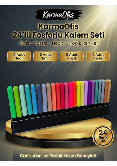 24'lü Özel Seri Masaüstü Stantlı Fosforlu Kalem Seti Çok Renkli