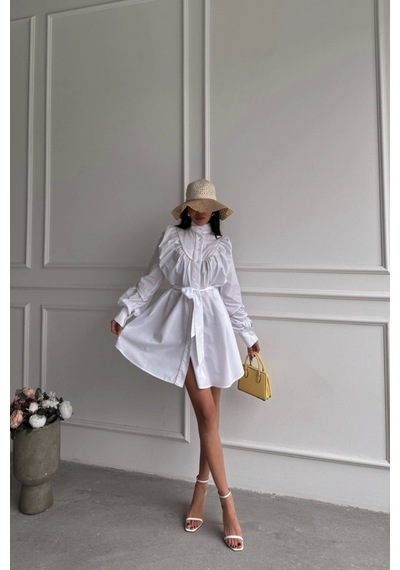 Defymoda Önden Düğmeli Poplin Kloş Elbise Bağlama Kemer Detaylı - Beyaz Beyaz