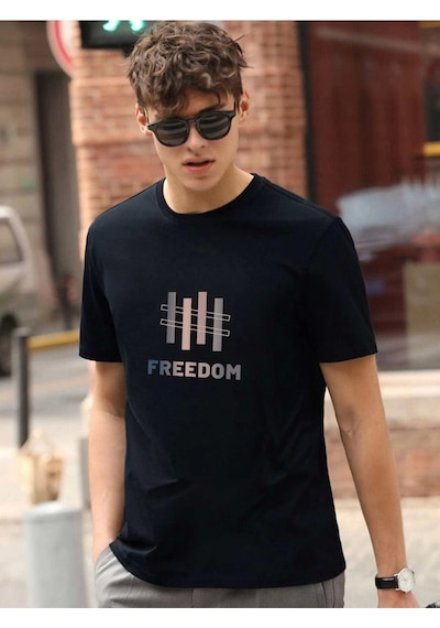 Unisex Oversize Freedom Baskılı Bisiklet Yaka Siyah T-shirt Siyah