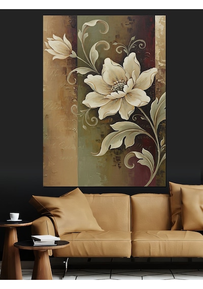 Ahşap Tablo Tek Beyaz Çiçek Art Deco Fon