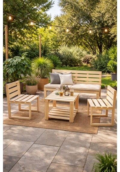 Ahşap Bahçe/balkon Oturma Takımı Şeffaf Vernik