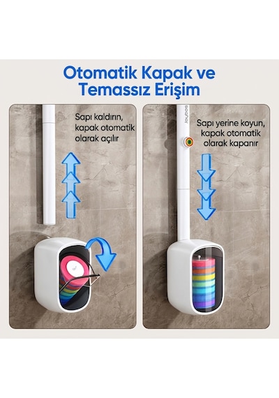 Tuvalet Fırçası Seti Otomatik Kapak Braket Duvara Monte Şeffaf Hazneli Tek Kullanımlık Wc Klozet E Beyaz - Gri