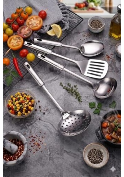 4 Parça Çelik Mutfak Servis Seti, Kepçe Kevgir Spatula Kaşık Takımı Çeyiz Seti, Mutfak Sofra Seti Ergonomik Sapl