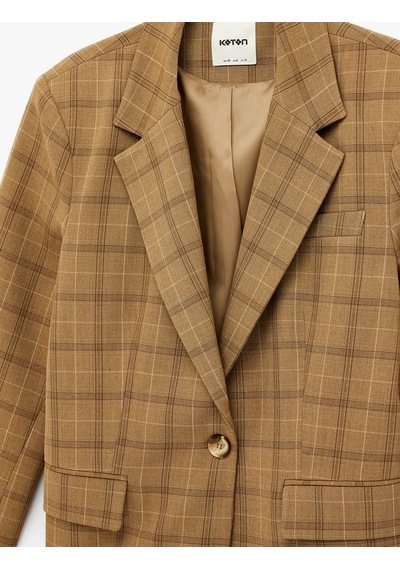 Koton Uzun Kollu Cepli Düğmeli Ekose Blazer Ceket Kahverengi Ekose 6sak50039pw Kahverengi Ekoseli