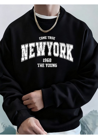 Startmore Startmorecome Ture New York City Baskılı Erkek Kazak Kışlık Bol Kapüşonlu Spor Bisiklet Yaka Polar Sıc Siyah