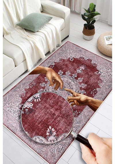 Yıkanabilir Modern Sanat Desenli Bordo Dijital Baskı Halı