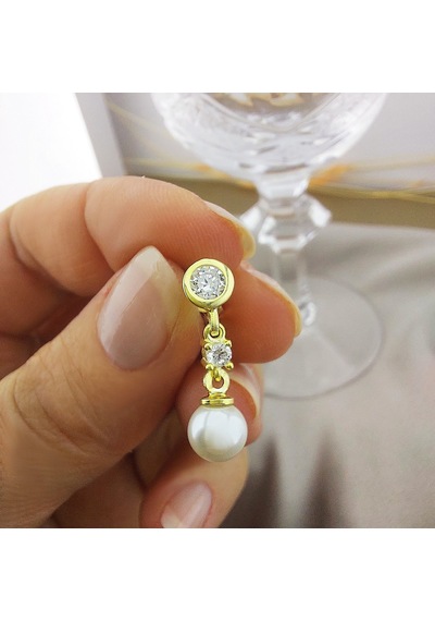 Vaoov 925 Ayar Gümüş Sallantılı Taşlı Gold İnci Küpe