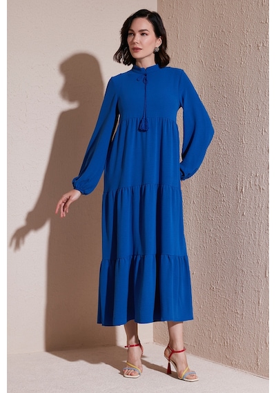 Lela Modest Regular Fit Dik Yaka Uzun Bayan Elbise 611El545 Indigo