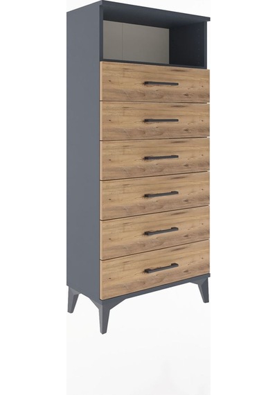 Arges Dolap Tek Raflı 6 Çekmeceli 60x30x134 Antrasit-çam Antrasit