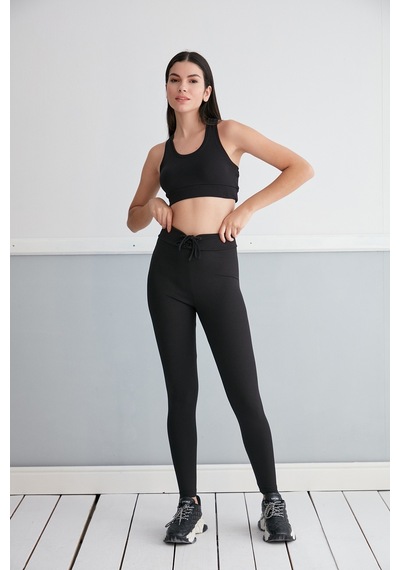 Thin Shop Fitilli Bağcıklı Toparlayıcı Tayt - Siyah Tayt - Fitilli Tayt Siyah