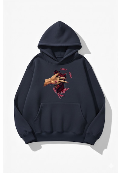 Uyguntarz Unisex Yumuşak Dokulu Hav Hav Baskılı Tasarım Oversize 3 İplik Hoodie Sweatshirt Indigo