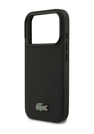 Apple Uyumlu iPhone 18 Pro Kılıf Lacoste Lisanslı M-safe Şarj Özellikli Pu Pike Desenli Metal Logolu Kapak Siyah