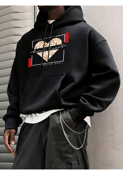 Startmore Startmoreserbest Ruh Nazik Kalp Cesur Ruh Baskılı Kapüşonlular Erkek Polar Rahat Hoody Günlük Hip Hop Siyah