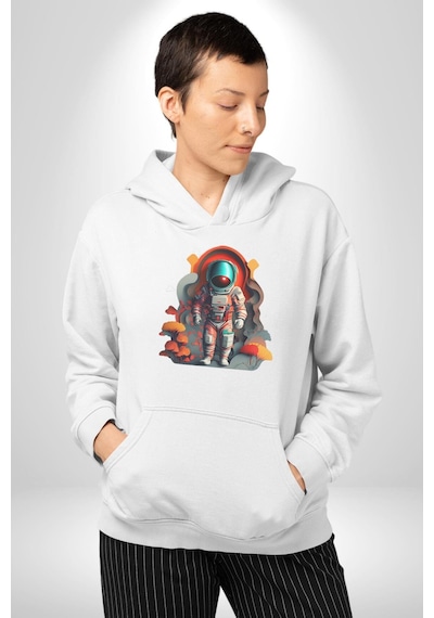 Astronot Yapay Zeka Yürüyüş Kadın Erkek Beyaz Kapüşonlu Sweatshirt Hoodie Beyaz