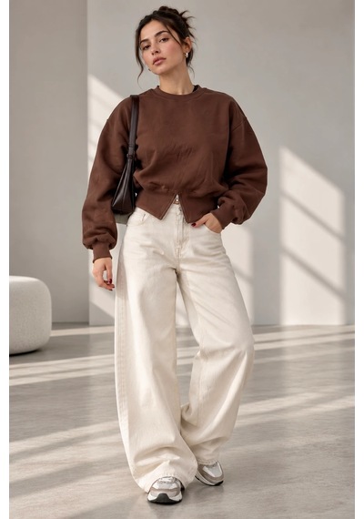 Bbbutikbasic Fermuar Detaylı Şardonlu 3 İplik Kadın Sweatshirt My3535 Kahverengi