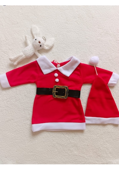 Kız Çocuk Yılbaşı Noel Temalı Kemerli Elbise Şapka Takımı Kırmızı