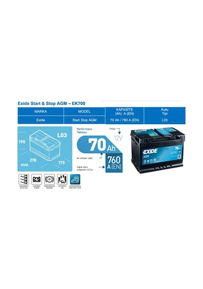 Exide 12 Volt 72 Ah Amper EK720 760A AGM Akü