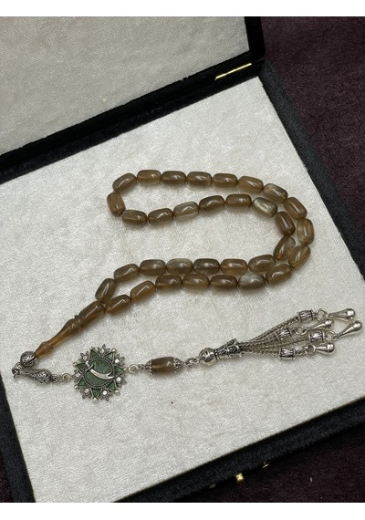 Alpaka Mineli Madalyonlu Sedef Simli Ateş Kehribar Tesbih Kahve Tonları, 7x11 Mm Kahverengi