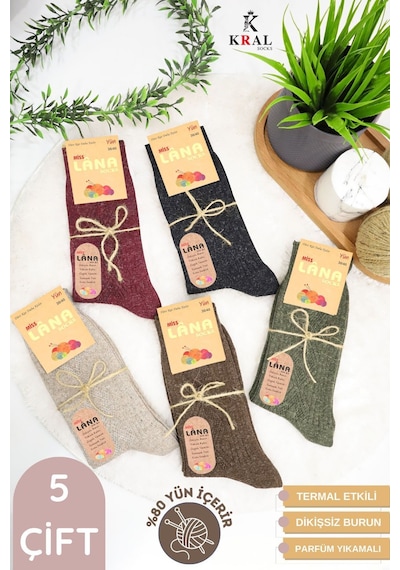Kral Socks Kışlık Yün Lambswool Kadın Çorap 5'li Paket Çok Renkli