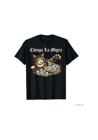 Flood Of Style Chinga La Migra Komik Kedi Vintage T-shirt Erkekler Kadınlar Için % 100% Pamuk T Shirt Kısa K Siyah