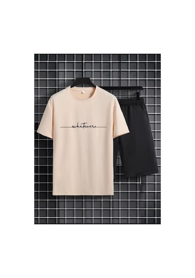 Medinenur El Yazı Detaylı Baskılı T-shirt Short Bol Paça Rahat Kalıp Siyah Alt Siyah Üst Short Takım Bej